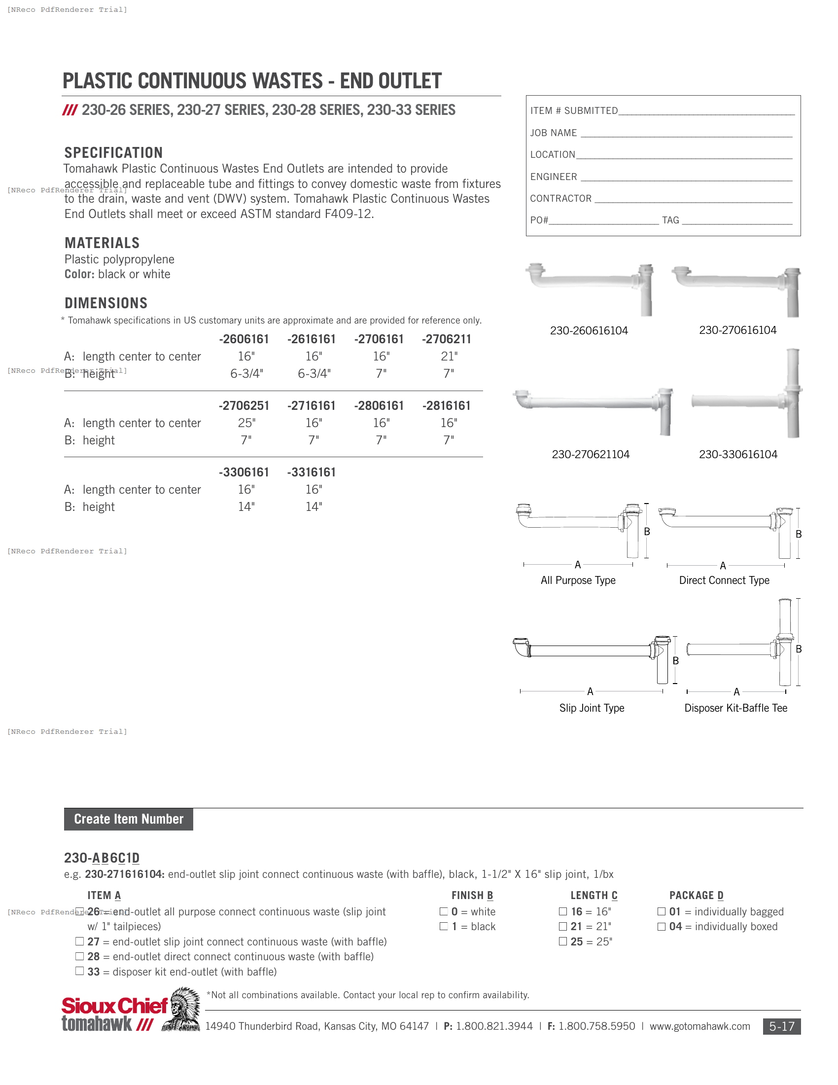 230 SERIES - PLASTIC CONTINUOUS WASTE END OUT - SPEC SHEET.PDF Specification Document
